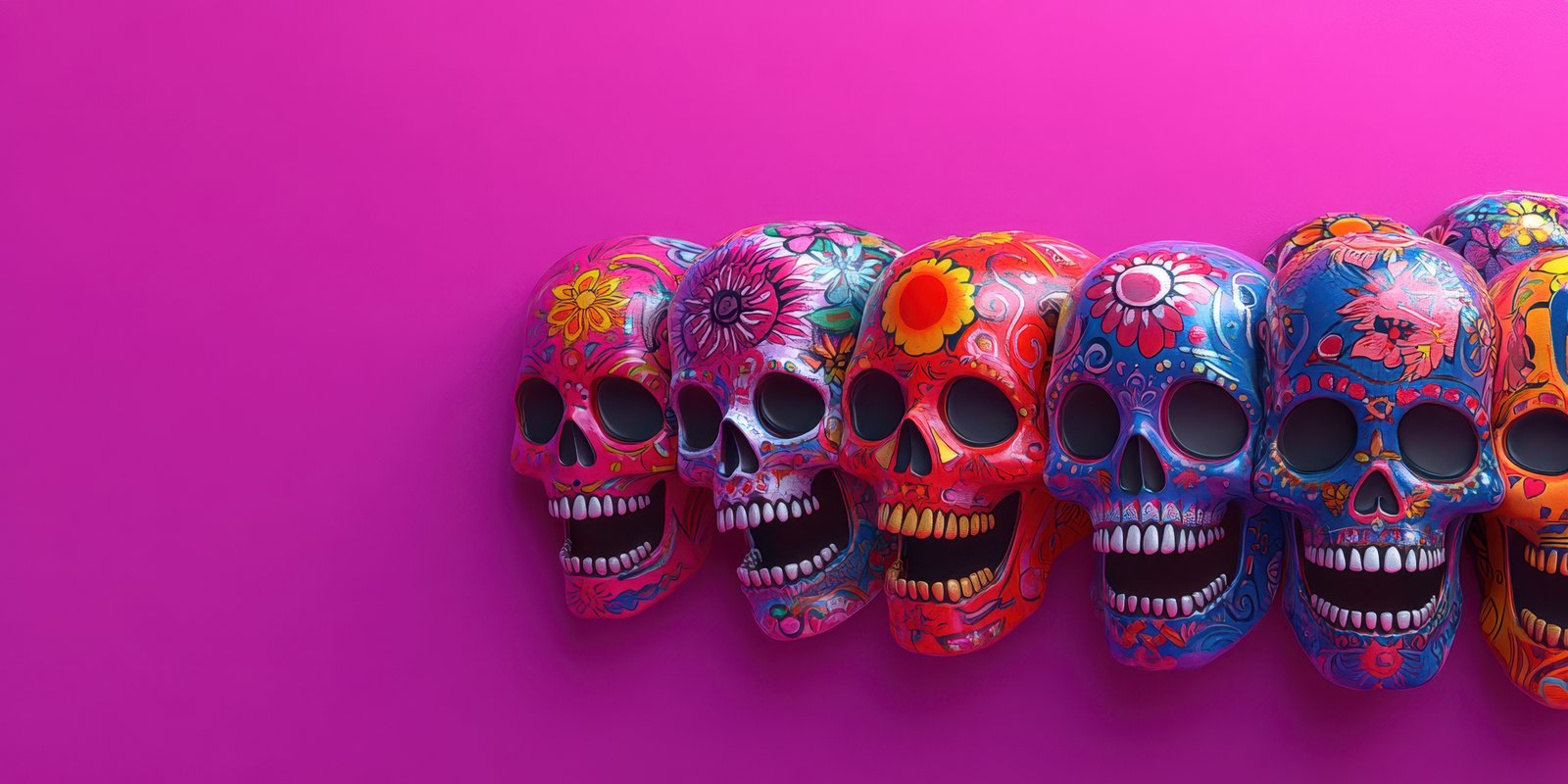Colorful decorative skulls arranged against a vibrant pink background showcase intricate designs and cultural significance